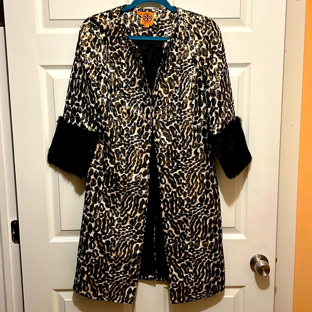 NWOT Tory Burch Black Leopard Metallic Fur Animal Print Jacket Size 2